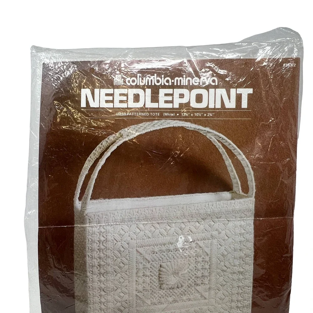 Vintage 1975 Columbia Minerva Needlepoint Irish Patterned‎ White Tote Kit